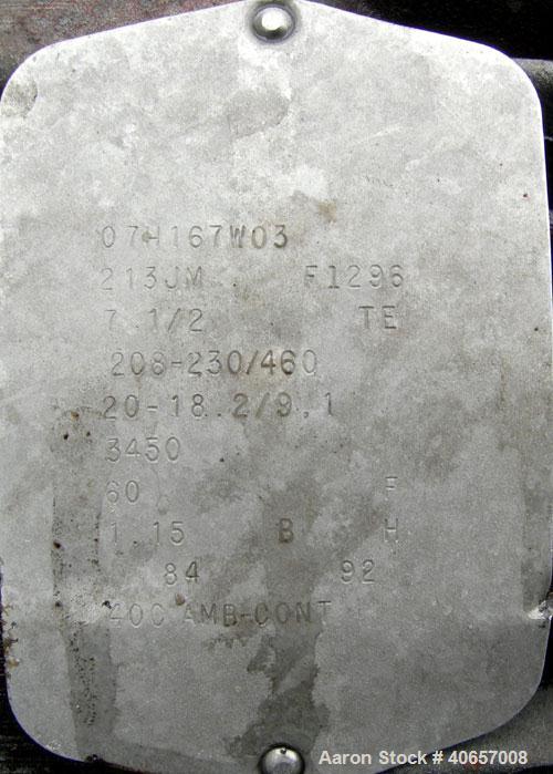 Used Ampco Centrifugal Pump, Model DC2 2 1/2X2, 316 Stainless Steel. 2-1/2" Tri-clamp inlet, 2" tri-clamp outlet. Approximate capacity 150 gallons per minute at 25' head. Driven by a 7-1/2 hp, 3/60/2...