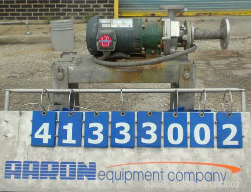 Used Ansimag Centrifugal Pump, model KM1515-AA, stainless steel. Rated approximately 50 gallons per minute at 10’ head. 1-1/2’’ inlet, 1’’ outlet, approximate 3-1/2" diameter impeller. Driven by a 1-...