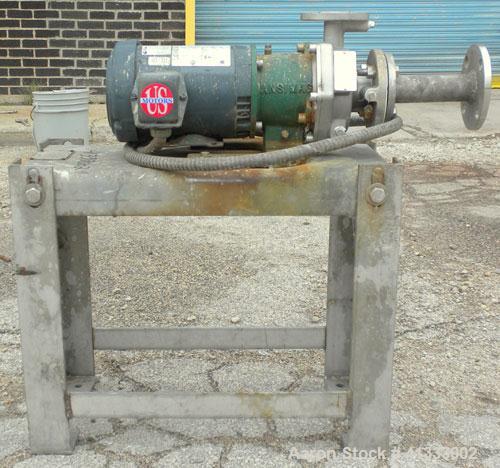 Used Ansimag Centrifugal Pump, model KM1515-AA, stainless steel. Rated approximately 50 gallons per minute at 10’ head. 1-1/2’’ inlet, 1’’ outlet, approximate 3-1/2" diameter impeller. Driven by a 1-...