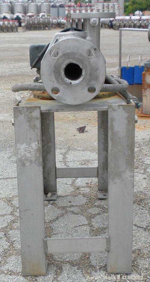 Used Ansimag Centrifugal Pump, model KM1515-AA, stainless steel. Rated approximately 50 gallons per minute at 10’ head. 1-1/2’’ inlet, 1’’ outlet, approximate 3-1/2" diameter impeller. Driven by a 1-...