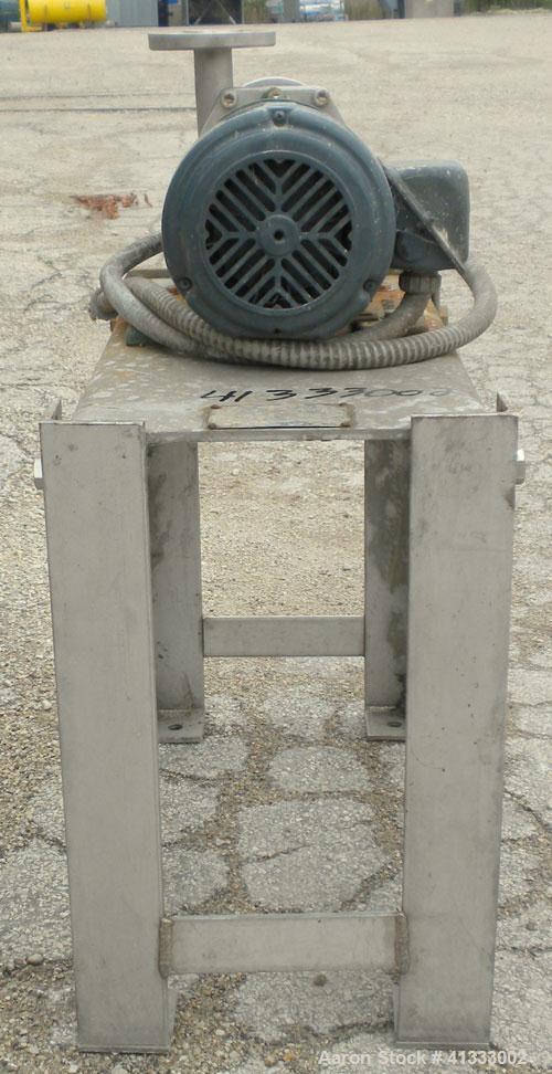 Used Ansimag Centrifugal Pump, model KM1515-AA, stainless steel. Rated approximately 50 gallons per minute at 10’ head. 1-1/2’’ inlet, 1’’ outlet, approximate 3-1/2" diameter impeller. Driven by a 1-...