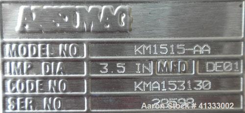 Used Ansimag Centrifugal Pump, model KM1515-AA, stainless steel. Rated approximately 50 gallons per minute at 10’ head. 1-1/2’’ inlet, 1’’ outlet, approximate 3-1/2" diameter impeller. Driven by a 1-...