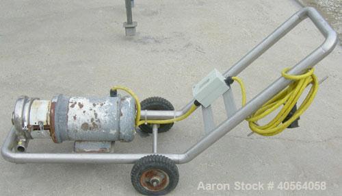 Used Tri Clover Centrifugal Pump, Model C216MD18T, 316 stainless steel. 2" tri-clamp inlet, 1 1/2" tri-clamp outlet. Approximate capacity 100 gallons per minute at 76' head, 5" diameter impeller. Dri...