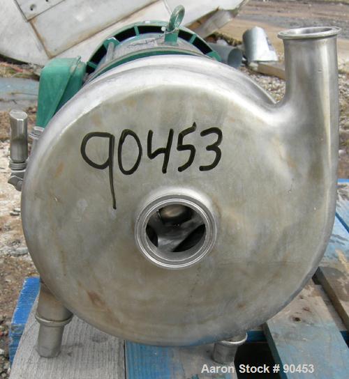 Used: Tri Clover centrifugal pump, model C218MD18T-S-3-18, 316 stainless steel. Approximately 95 gallons per minute at 45' head at 20 psi. 2" inlet, 1 1/2" outlet, 7" diameter impeller. Driven by a 3...