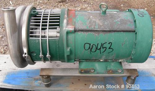 Used: Tri Clover centrifugal pump, model C218MD18T-S-3-18, 316 stainless steel. Approximately 95 gallons per minute at 45' head at 20 psi. 2" inlet, 1 1/2" outlet, 7" diameter impeller. Driven by a 3...