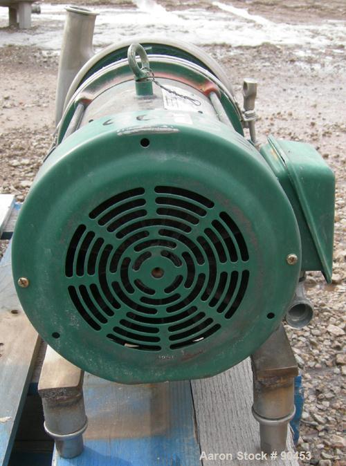 Used: Tri Clover centrifugal pump, model C218MD18T-S-3-18, 316 stainless steel. Approximately 95 gallons per minute at 45' head at 20 psi. 2" inlet, 1 1/2" outlet, 7" diameter impeller. Driven by a 3...