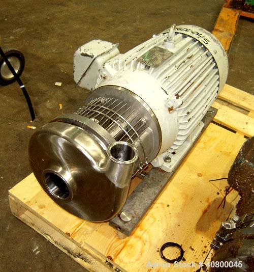 Used Waukesha Centrifugal Pump, Model C218, 316 stainless steel. 3" tri-clamp inlet, 1 1/2" tri-clamp outlet. Approximate 5" diameter impeller. Rated approximately 200 gallons per minute at 50' head....