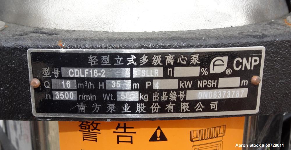 Used (3) CNP Lightweight Vertical Multistage Centrifugal Pump, Model CDLF16-2, 316 Stainless Steel. Driven by a 4kW, 3/60/480 Volt, 3500 rpm motor. Serial# . Lot of 3.