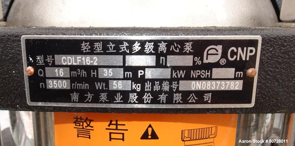 Used (3) CNP Lightweight Vertical Multistage Centrifugal Pump, Model CDLF16-2, 316 Stainless Steel. Driven by a 4kW, 3/60/480 Volt, 3500 rpm motor. Serial# . Lot of 3.