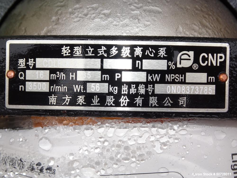 Used (3) CNP Lightweight Vertical Multistage Centrifugal Pump, Model CDLF16-2, 316 Stainless Steel. Driven by a 4kW, 3/60/480 Volt, 3500 rpm motor. Serial# . Lot of 3.