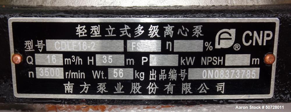 Used (3) CNP Lightweight Vertical Multistage Centrifugal Pump, Model CDLF16-2, 316 Stainless Steel. Driven by a 4kW, 3/60/480 Volt, 3500 rpm motor. Serial# . Lot of 3.