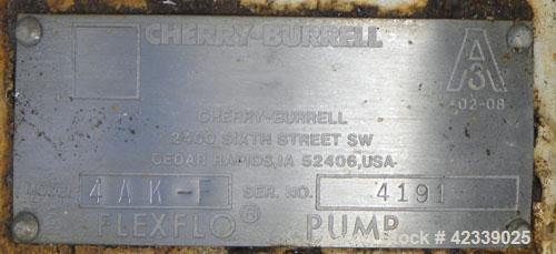 Used Cherry-Burrell Flexflo Centrifugal Pump, Model 4AK-F, 316 Stainless Steel. 2-1/2" Threaded inlet, 2" threaded outlet. Approximate 5" diameter impeller. Rated approximately 200 gallons per minute...