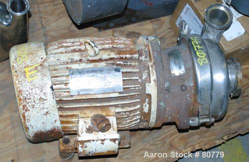 USED: Cherry Burrell centrifugal pump, model UVBH, stainless steel.3-1/2" diameter inlet, 2-1/2" outlet, 8" diameter impeller. Directdriven by a 5 hp, 3/60/230/460 volt, 3470 rpm motor. Requires base.