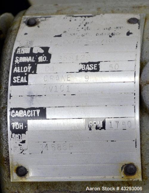 Used Durco Mark III Unitized Self-Priming Centrifugal Pump, Size 1J1.5X1US-6/60, 316 Stainless Steel. 1-1/2” Inlet, 1” outlet.  Rated approximately 80 gallons per minute at 120' head.  Gland mechanic...