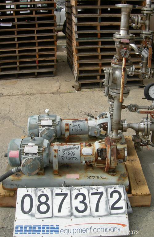 Used Durco Mark III Centrifugal Pump, size 1K1.5X1-62/57RV, 316 stainless steel. 1-1/2" inlet, 1" outlet. Rated approximately 25 gallons per minute at 35' head. Driven by a 3 hp, 3/60/230/460 volt, 1...