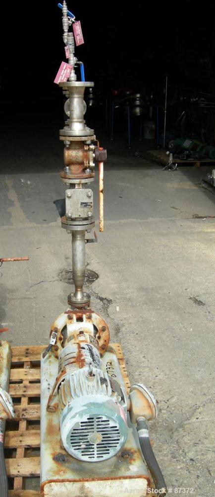 Used Durco Mark III Centrifugal Pump, size 1K1.5X1-62/57RV, 316 stainless steel. 1-1/2" inlet, 1" outlet. Rated approximately 25 gallons per minute at 35' head. Driven by a 3 hp, 3/60/230/460 volt, 1...