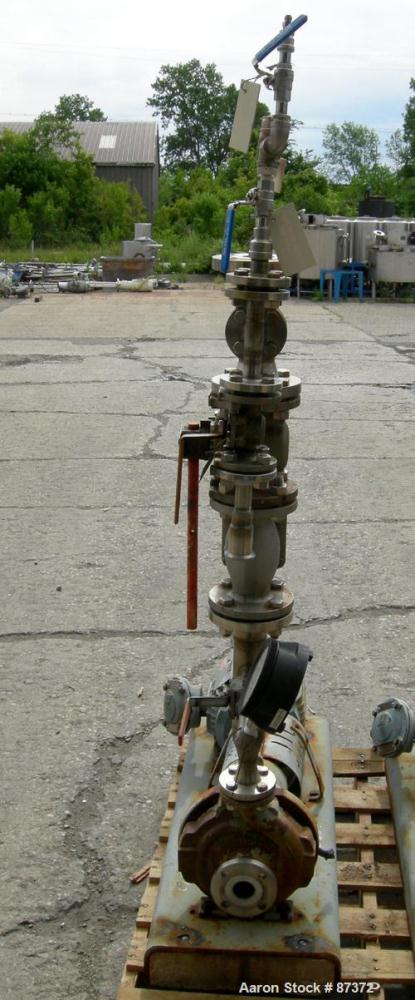 Used Durco Mark III Centrifugal Pump, size 1K1.5X1-62/57RV, 316 stainless steel. 1-1/2" inlet, 1" outlet. Rated approximately 25 gallons per minute at 35' head. Driven by a 3 hp, 3/60/230/460 volt, 1...