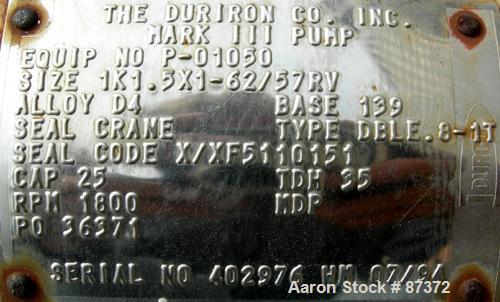 Used Durco Mark III Centrifugal Pump, size 1K1.5X1-62/57RV, 316 stainless steel. 1-1/2" inlet, 1" outlet. Rated approximately 25 gallons per minute at 35' head. Driven by a 3 hp, 3/60/230/460 volt, 1...