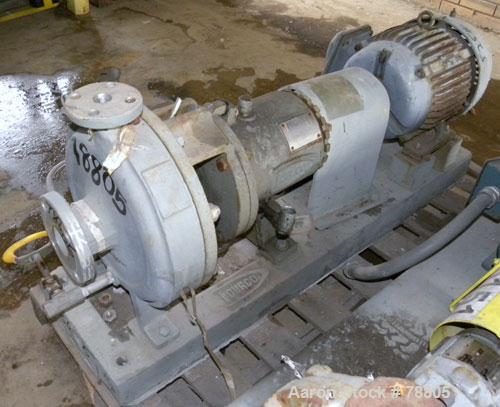 Used Durco Mark III Centrifugal Pump, Size 2K2X1-10A/94, 316 Stainless Steel. 2" Inlet, 1" outlet. Rated approximately 20 gallons per minute at 470' head. Stuffing Box. Driven by a 7 1/2 HP, 3/60/230...