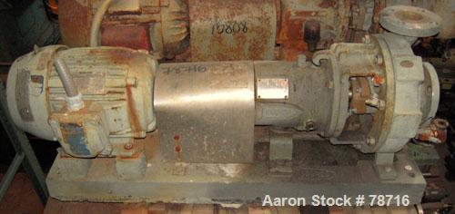 Used Durco Mark III Centrifugal Pump, Size 2K3X2-10A/97, 316 Stainless Steel. 3" inlet, 2" outlet. Rated approximately 500 gallons per minute at 400' head. Driven by a 10 hp, 3/60/230/460 volt, 1750 ...