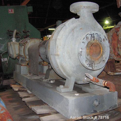 Used Durco Mark III Centrifugal Pump, Size 2K3X2-10A/97, 316 Stainless Steel. 3" inlet, 2" outlet. Rated approximately 500 gallons per minute at 400' head. Driven by a 10 hp, 3/60/230/460 volt, 1750 ...