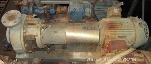 Used Durco Mark III Centrifugal Pump, Size 2K3X2-10A/97, 316 Stainless Steel. 3" inlet, 2" outlet. Rated approximately 500 gallons per minute at 400' head. Driven by a 10 hp, 3/60/230/460 volt, 1750 ...