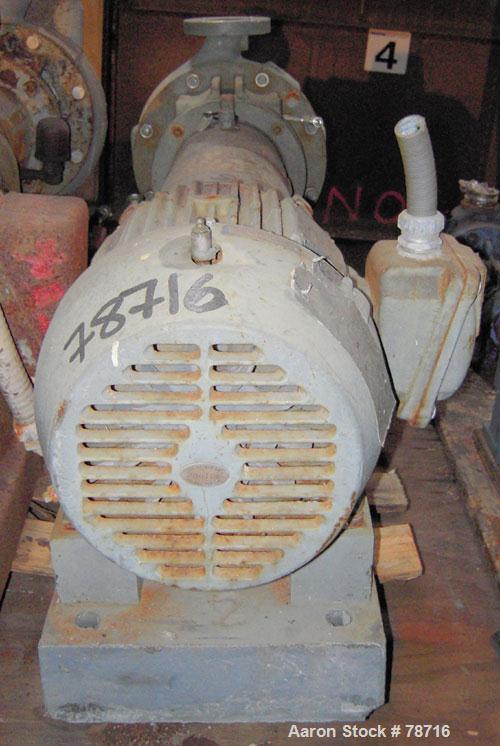 Used Durco Mark III Centrifugal Pump, Size 2K3X2-10A/97, 316 Stainless Steel. 3" inlet, 2" outlet. Rated approximately 500 gallons per minute at 400' head. Driven by a 10 hp, 3/60/230/460 volt, 1750 ...