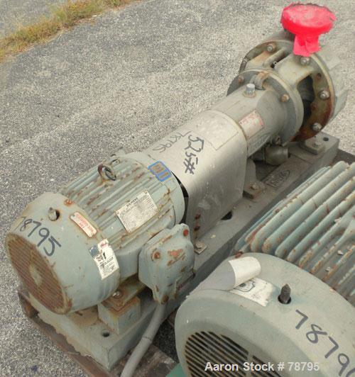 Used Durco Mark III Centrifugal Pump, 316 Stainless Steel, Size 2K3X2-10A/97. 3" inlet x 2" outlet. Rated 232 gallons per minute at 94' head max. Driven by a 10 hp, 3/60/230/460 volt, 1750 rpm motor....