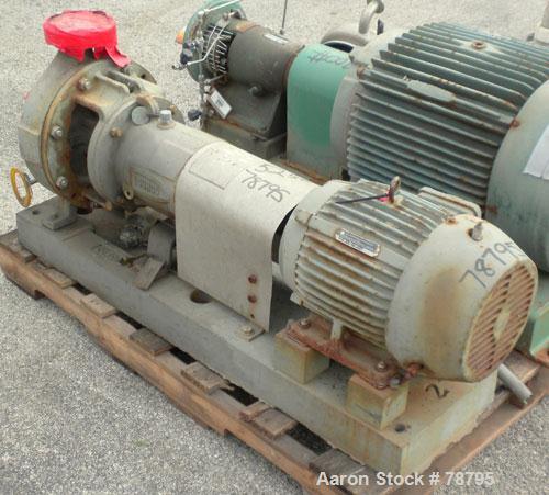 Used Durco Mark III Centrifugal Pump, 316 Stainless Steel, Size 2K3X2-10A/97. 3" inlet x 2" outlet. Rated 232 gallons per minute at 94' head max. Driven by a 10 hp, 3/60/230/460 volt, 1750 rpm motor....