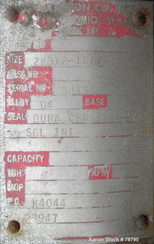 Used Durco Mark III Centrifugal Pump, 316 Stainless Steel, Size 2K3X2-10A/97. 3" inlet x 2" outlet. Rated 232 gallons per minute at 94' head max. Driven by a 10 hp, 3/60/230/460 volt, 1750 rpm motor....