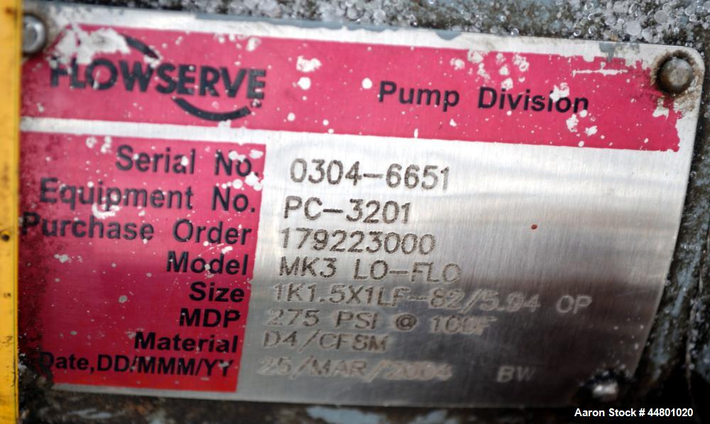 Used Stainless Steel Flowserve Durco Mark 3 Centrifugal Pump, Model MK3 Lo-Flo