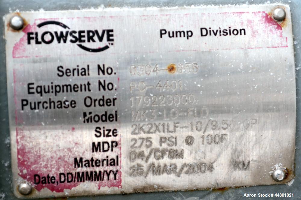 Used Stainless Steal Flowserve Durco Mark 3 Centrifugal Pump, Model MK3 Lo-Flo