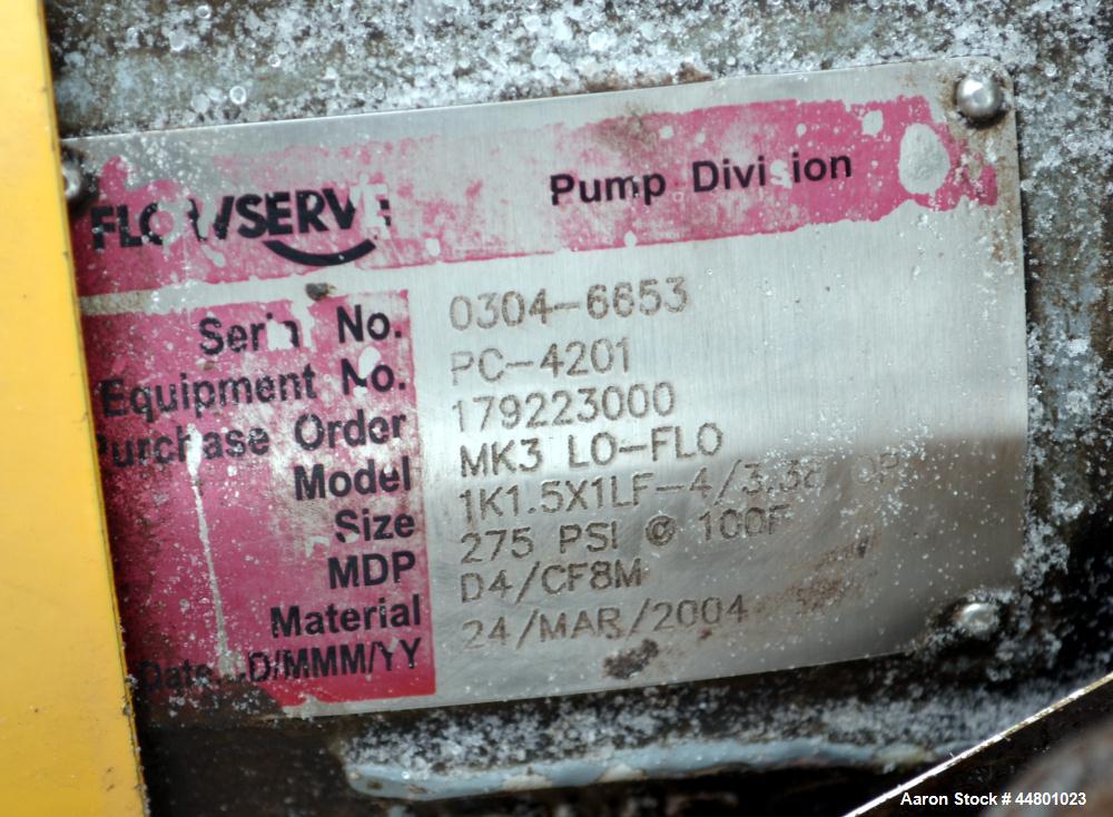Used Stainless Seel Flowserve Durco Mark 3 Centrifugal Pump, Model MK3 Lo-Flo