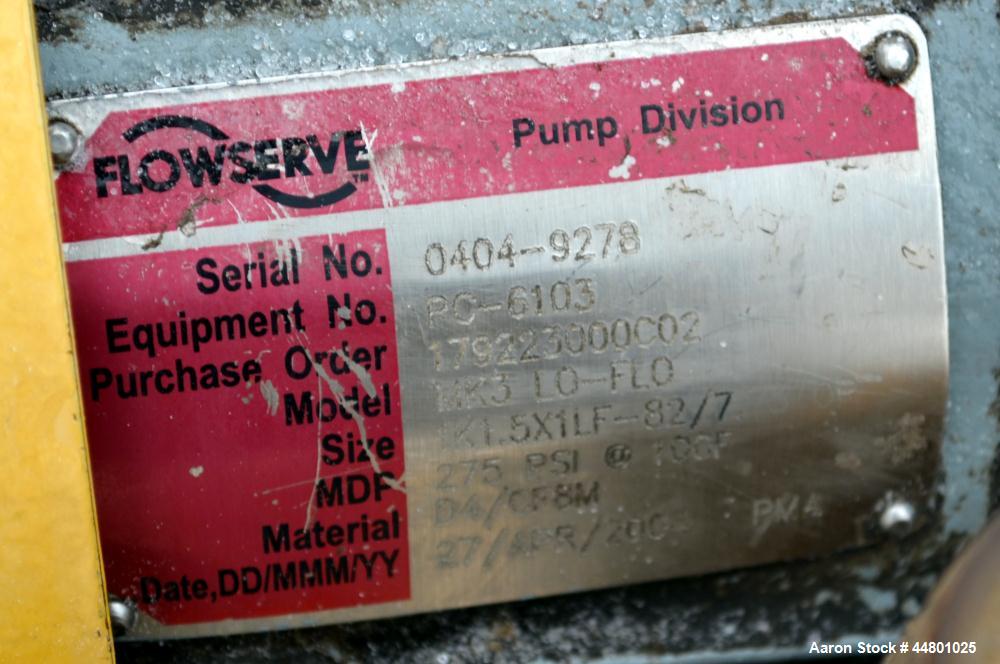 Used Stainless Steel Flowserve Durco Mark 3 Centrifugal Pump, Model MK3 Lo-Flo