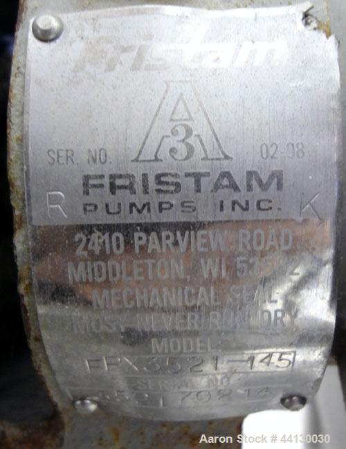 Used Fristam Sanitary Centrifugal Pump, Model FPX3521-145, 316 Stainless Steel. 2-1/2” Tri-clamp inlet, 2” tri-clamp outlet. Approximate capacity 100 gallons per minute at 45 psi at 30' head. Driven ...