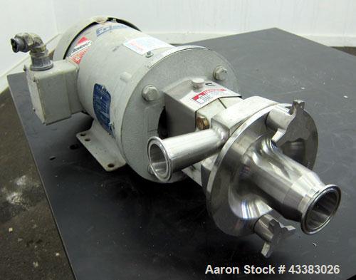 Used Fristam Centrifugal Pump, Model FPX712-130, 316 Stainless Steel. Approximate maximum capacity 90 gallons per minute at 50’ head at 3500 rpm. 2” Tri-clamp inlet, 1.5” tri-clamp outlet. Driven by ...