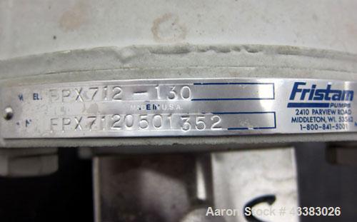 Used Fristam Centrifugal Pump, Model FPX712-130, 316 Stainless Steel. Approximate maximum capacity 90 gallons per minute at 50’ head at 3500 rpm. 2” Tri-clamp inlet, 1.5” tri-clamp outlet. Driven by ...