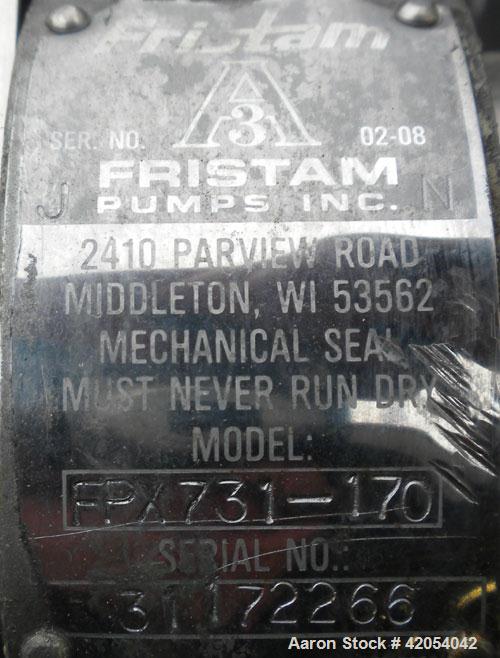 Used Fristam Sanitary Centrifugal Pump, model FPX731-170, 316 stainless steel. 2" sanitary inlet, 1 1/2" sanitary outlet. Approximate capacity 50 gallons per minute at 20 psi at 45' head. Approximate...