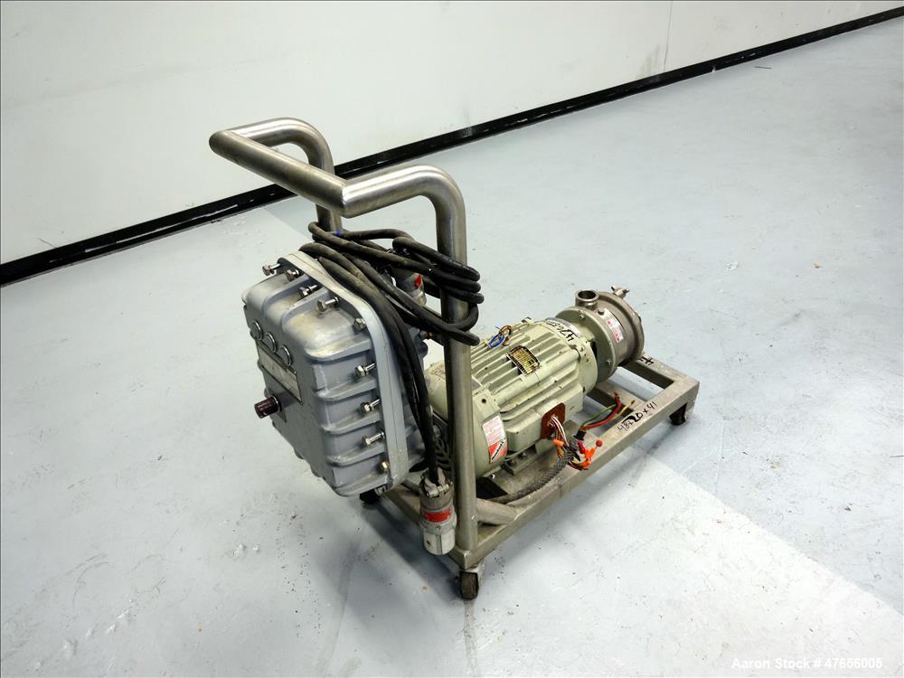 Used Fristam FZX Series Sanitary Liquid-Ring Pump, Model FZX150, 316 Stainless Steel. Approximate capacity 50 gallons per minute at 80' head. 2" Tri-clamp inlet, 2" tri-clamp outlet. Direct driven by...
