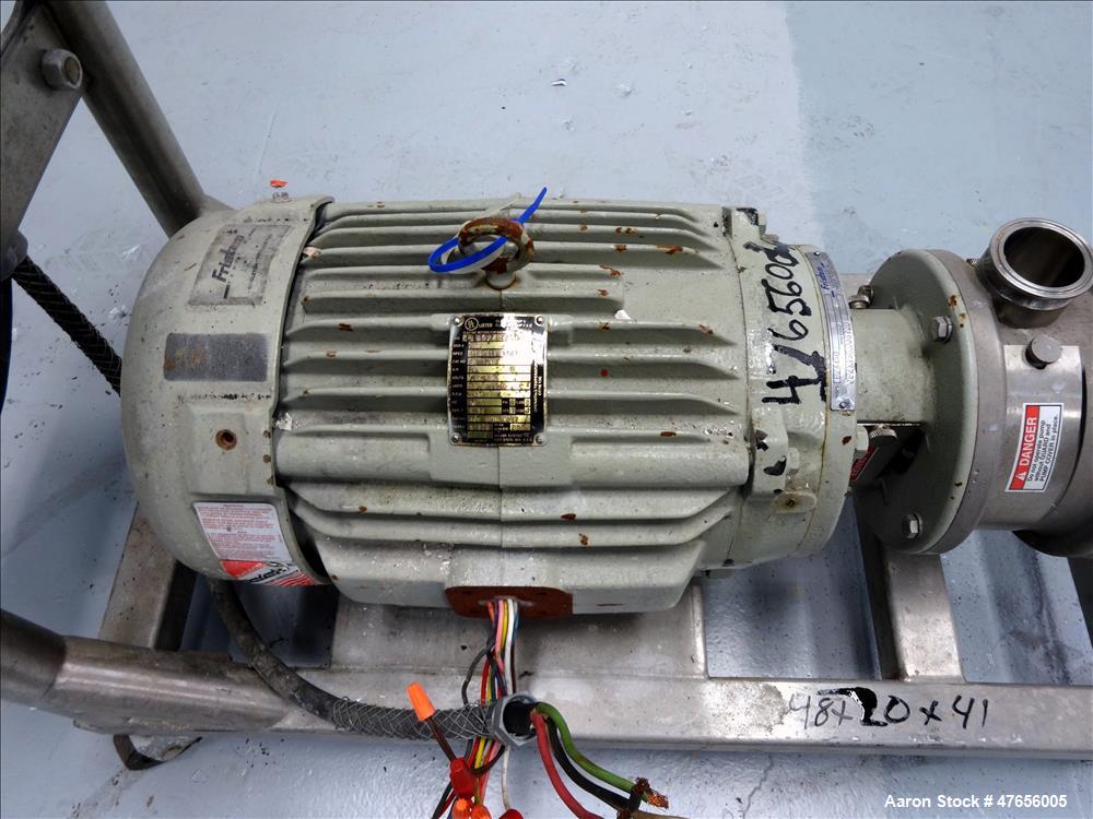 Used Fristam FZX Series Sanitary Liquid-Ring Pump, Model FZX150, 316 Stainless Steel. Approximate capacity 50 gallons per minute at 80' head. 2" Tri-clamp inlet, 2" tri-clamp outlet. Direct driven by...