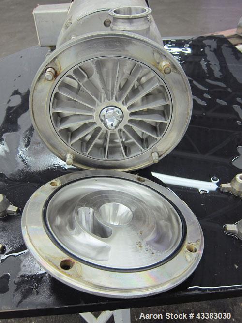 Used Fristam Sanitary Liquid Ring Centrifugal Pump, Model FZX2200, 316 Stainless Steel. Approximate maximum capacity 100 gallons per minute at 80’ head. 2” Tri-clamp Inlet/outlet. Approximate 8” diam...