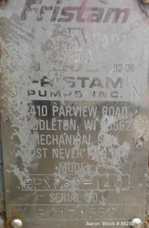 Used Fristam Centrifugal Pump, Model FPX732-140, 316L Stainless Steel. 3" Tri-clamp inlet, 2" tri-clamp outlet. Approximate capacity 175 gallons per minute at 50 PSI at 120' head. Direct driven by a ...
