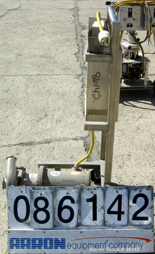 Used Fristam Centrifugal Pump, Model FT202-115, 317 Stainless Steel. 2" tri clamp inlet, 2-1/2" tri clamp outlet. Approximate capacity 140 gallons per minute at 80' head. Direct driven by a 3 HP, 3/6...