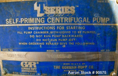 USED: Gorman Rupp T Series self-priming centrifugal pump, model T-10A65-B, CD4MCu stainless steel. Approximately 3400 gallons per minute at 80' head at 34 psi, 3" max solids. 10" inlet/outlet. Driven...