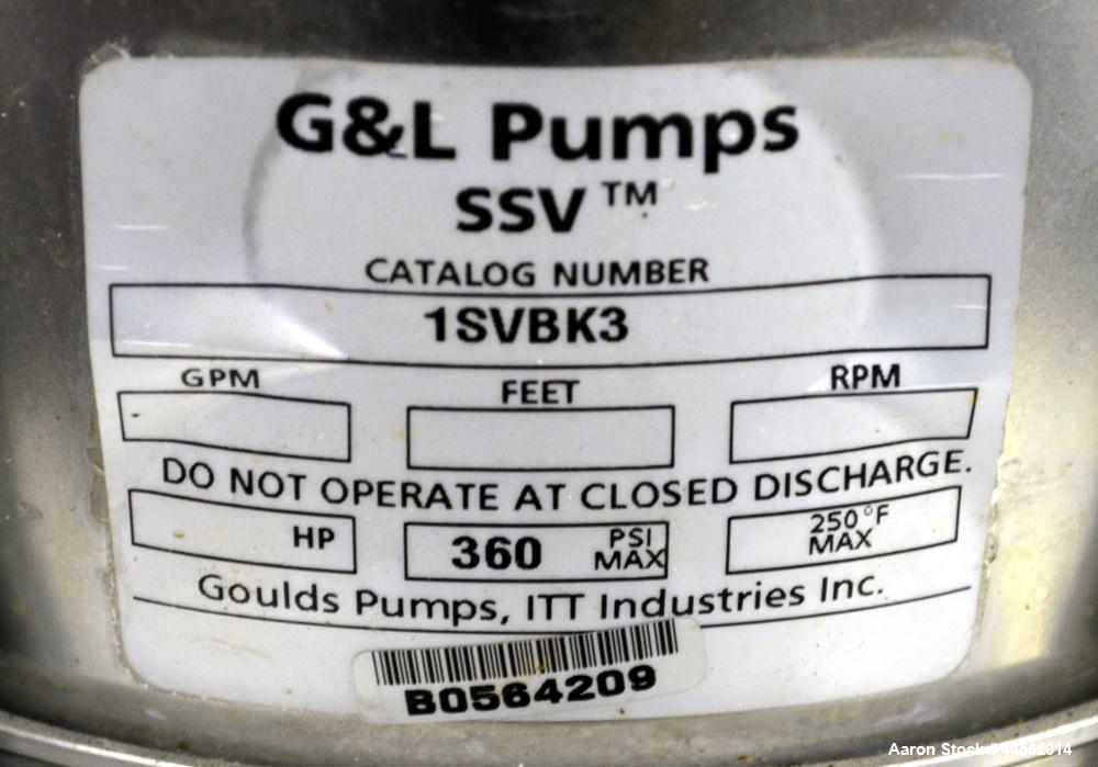 Used Goulds G&L Series Vertical Multi-Stage Pump, Model 1SVBK3, 304 Stainless Steel. Rated approximate 15 gallons per minute at 1100’ head at 3450 rpm at 360psi. Temperature range 250 degrees F. Appr...
