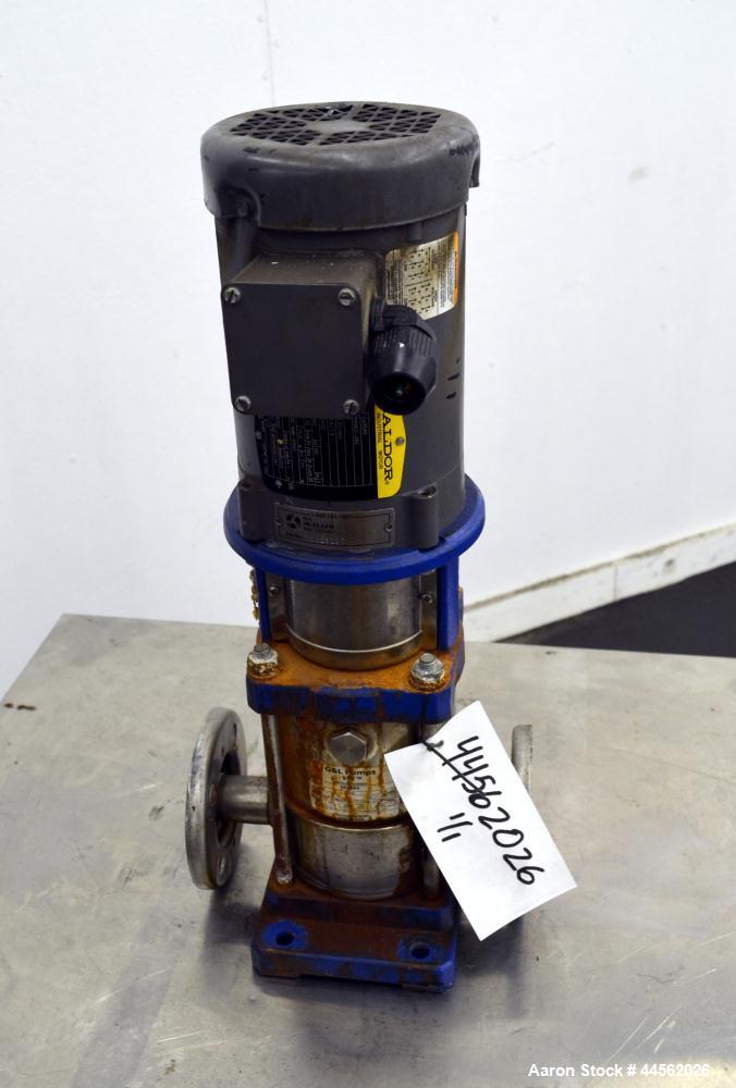 Used Goulds G&L Series Vertical Multi-Stage Pump, Model 1SVBK3, 304 Stainless Steel. Rated approximate 15 gallons per minute at 1100’ head at 3450 rpm at 360psi. Temperature range 250 degrees F. Appr...