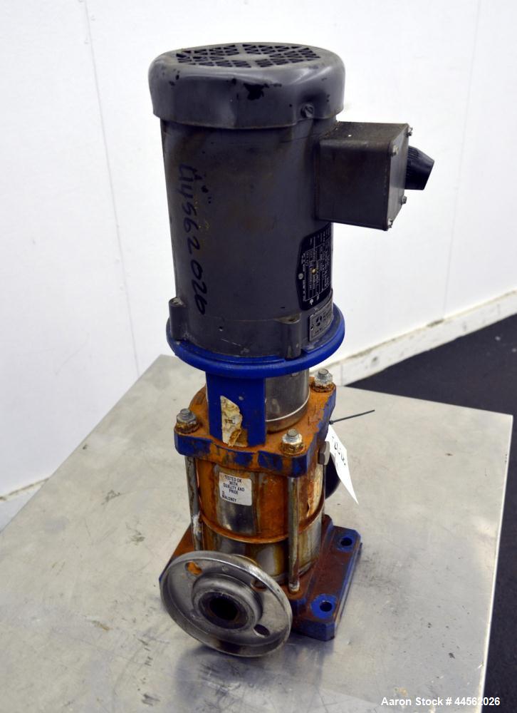 Used Goulds G&L Series Vertical Multi-Stage Pump, Model 1SVBK3, 304 Stainless Steel. Rated approximate 15 gallons per minute at 1100’ head at 3450 rpm at 360psi. Temperature range 250 degrees F. Appr...