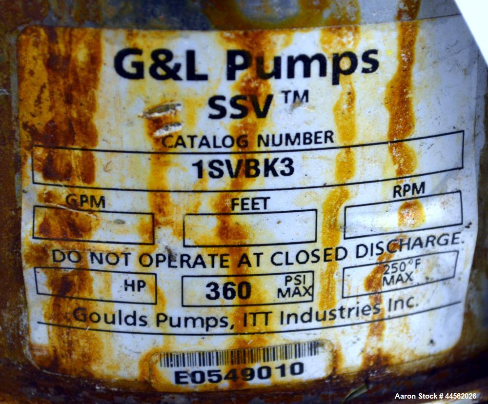 Used Goulds G&L Series Vertical Multi-Stage Pump, Model 1SVBK3, 304 Stainless Steel. Rated approximate 15 gallons per minute at 1100’ head at 3450 rpm at 360psi. Temperature range 250 degrees F. Appr...