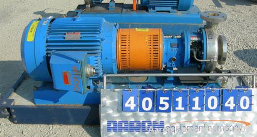 Used Goulds Centrifugal Pump, Model 3196 MTX, size 3x4-10, 316L stainless steel. 4" inlet, 3" outlet, approximately 9.5" diameter impeller. Rated approximately 700 gallons per minute at 330' head at ...