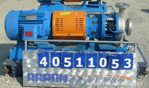 Used Goulds Centrifugal Pump, Model 3196 MTX, Size 2x3-8, 316L stainless steel. 3" inlet, 2" outlet, approximately 7.25" diameter impeller. Rated approximately 210 gallons per minute at 207' head at ...